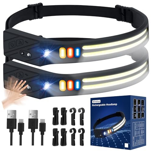 Winthai Stirnlampe LED Wiederaufladbar - 2CM Ultradünn 1500Mah Intelligenter Sensor SuperHell LED Kopflampe Stirnlampen mit 9 Lichtmodi 4 Farben 90g Leichte IPX4 Wasserdichte für Laufen Joggen Angeln.
