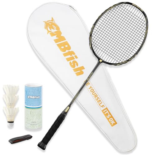 MBFISH Badmintonschläger-Set mit 1 Kohlefaser-Schläger, 3 Federbällen, 2 Ersatz-Griffbändern und 1 Badminton-Tasche, perfekt für Outdoor-Spiele und Fitnessstudio, 5U, Schwarz, 1P