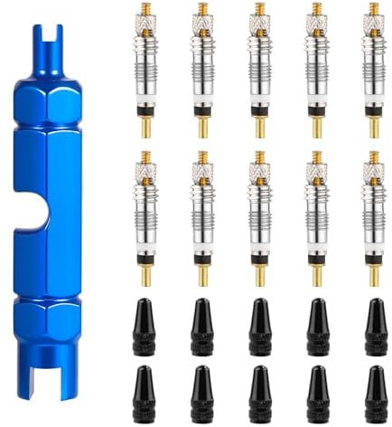 10st Ventileinsatz für Presta, Ventilkern Fahrrad mit Ventileinsatz Entferner und 10 Ventileinsatzkappen Fahrradventileinsatz aus Messing für Schlauchlose Rennrad MTB Fahrradreifen