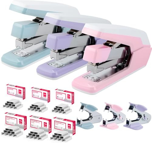 deli Heftgerät Schreibtisch Tacker Bürobedarf, kompatibel mit 24/6, 26/6, 24/8 Heftklammern, bis zu 40 Blatt, bis zu 80% kraftsparend, 65mm Hefttiefe, mit Entklammerer & 1500 Tackernadeln (3er)