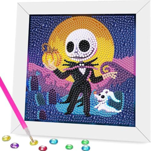 Halloween pintura de diamante 5D para niños, pintura de diamante DIY con marco, pintura de diamante de Terrorífico, adecuada para niños, niñas y niños, regalos de cumpleaños y decoración del hogar