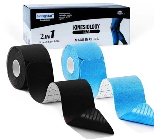 LiangMai Kinesiotapes - 2 Kinesiologie Tape Rollen (5cm x 5m) 40 Precut (je 25cm x 5cm) Sport Tapes Blau+Schwarz Kinesiotape vorgeschnitten, Profi Physio Tape Knie Schulter wasserfest & Hautfreundlich