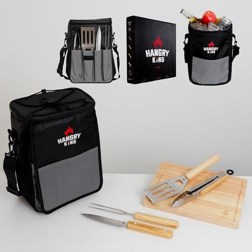 HANGRY KING - The Knight BBQ Grill Set, Cooler, Knife, Fork, Tongs, Spatula, Cutting Board, Barbeque kit, barbaque Outdoor Tools, Grilling Accessories, Barbecue Utensils, grillers Gift idea