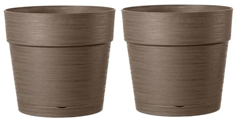 Deroma Save Runde Pflanzgefäße für Pflanzen, 29 cm, leichter und langlebiger recycelter Kunststoff, inklusive Wasserreserve, hergestellt in Italien, schöne gebürstete Textur, Braun, 29 cm