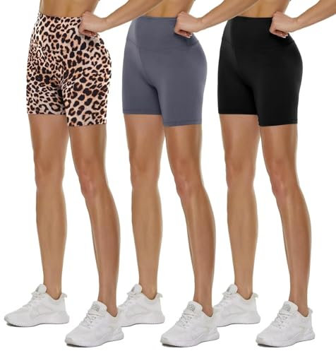 TNNZEET 3er Pack Radlerhose Damen High Waist Sommer Shorts Blickdicht Kurze Sporthose Leggings Hotpants Unter Kleider für Sport Yoga(Schwarz/Dunkelgrau/Leopard, S-M)