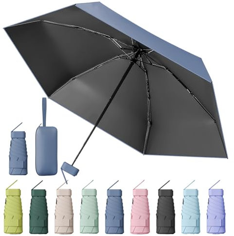MPXEAVG Kompakter Regenschirm, Mini Schirm, Schirm UV Schutz, Regenschirm Damen Klein, Ultraleicht, Sonnenschirm Tragbar, Regenschirmbox(Dunstblau)