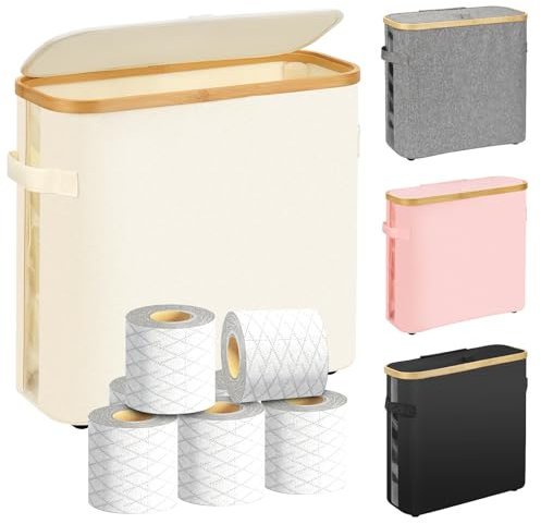 Top-spring Almacenamiento de rollos de papel higiénico de 32 L, cesta de almacenamiento de papel higiénico con tapa, caja impermeable con asa para 16 rollos, contenedor de baño de bambú (beige)