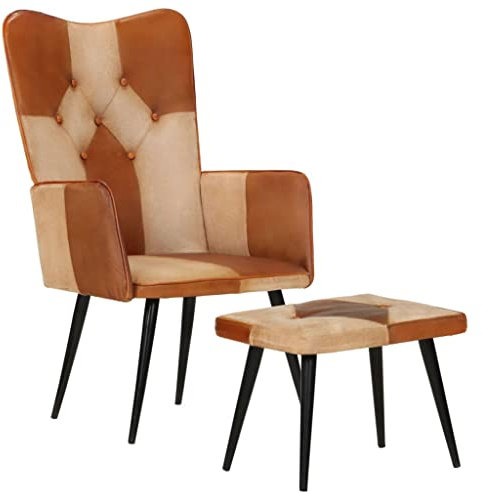 KATERYY Sessel mit Hocker Braun Echtleder und Canvas,Stylischer LederSessel mit Fußstütze für entspannte Momente in Wohn, Schlafoder Loungebereichen Wohnzimmer, Sessel