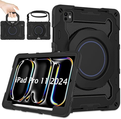 ROISKIN für iPad Pro 11 Zoll Hülle M4 2024 mit Displayschutz & Schultergurt, Heavy Duty Stoßfeste Military Kinder Hülle für iPad Pro 11 Zoll 5. Generation, Drehbarer Ständer,Stifthalter-Schwarz