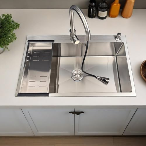 Lavandino Cucina 80x50 CM, Lavello Cucina 1 Vasca con Rubinetto Estraibile per Acqua Calda,Lavello in Acciaio Inox con Set di Drenaggi,Installazione a Sopratop o Filotop
