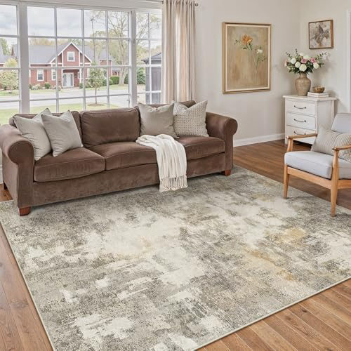 PureCozy Abstraktes Teppich Wohnzimmer 160x230cm rutschfest Kurzflor Kunstwolle Schlafzimmer Teppich Waschbar Minimalistisch Bettvorleger Teppiche Braun-Grau für Wohnzimmer Schlafzimmer Bereich Dekor