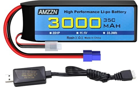 AMZZN 3S EC3 Lipo Battery 11.1V 3000mAh 35C with USB Charging Cable for RC Car, Truck, Car Models, remote schiffs, RC quad-rotor, FPV drohne batteries
