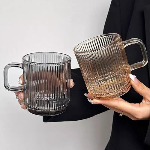 Set of 2,Premium Glass Coffee Mugs with Vertical Stripes, Tea Glasses for Hot/Cold Beverages, Perfect Design for Americano,Cappuccino,Latte or Tea and Beverage, 340ml (Grey- Amber)