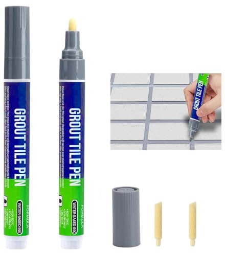Caelura 2 Stück Fugenstift Grau, Fugenstift mit Ersatzspitze, Fliesenstift Fugenfarbe Wasserfest, Grout Pen, Lackstift Grau für Reparatur von Fliesenfugen in Bad und Küche