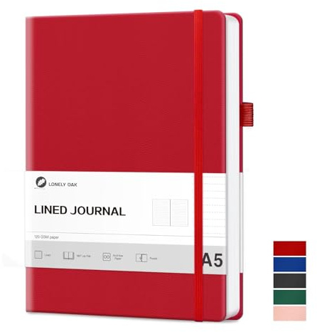 Lonely Oak Notizbuch A5 Liniert Hardcover Journal Tagebuch | 120g/m² Dickes Premium Säurefreies Papier, 160 Seiten Journal mit Gummiband & Innentasche, 14,5 x 21,3 cm(Rot)