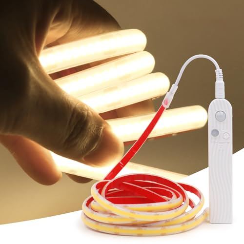 XUNATA COB LED Streifen mit Bewegungsmelder, 5V 320Leds/m Superhell Hohe Dichte, Wasserdicht IP68 Flex Strip Selbstklebend Lichtband für Treppen Kinderzimmer Schrankdeko (Naturweiß, 0.5M)