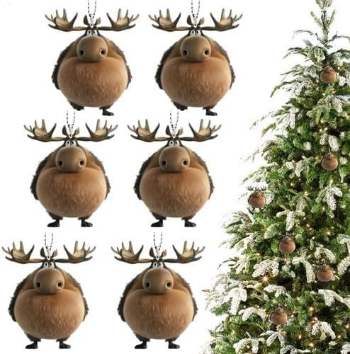 6 Stück Weihnachtsbaumschmuck Elch, Weihnachtsbaum Anhänger Lustig, Weihnachtsdeko Elch, 2D-Flach Acryl-Cartoon-Elch-Ornamente Feiertagsdekoration, Christbaumschmuck Auto Aufhängen Für Tierliebhaber