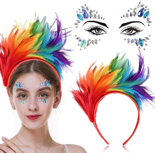 boocooberg Haarreif Karneval,Festival Glitzer Gesicht,Kopfschmuck+Glitzersteine Gesicht,Regenbogen KostüM,Papagei KostüM,Glitzersteine Selbstklebend,Karneval Bachelorette Party ZubehöR (Style 2)