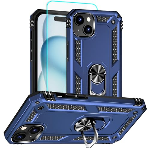 Aozuoton for iPhone 15 Case with Screen Protector, 360°Military Grade Rotatable Kickstand (Heavy Duty) Shockproof Protective - Case for iPhone 15 Blue