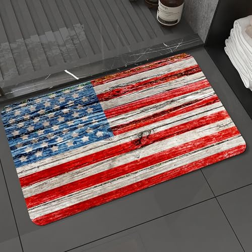 DALEXHM Badteppich rutschfeste,weicher Badezimmerteppich Wasserabsorbierend Badematte Badvorleger für Dusche,Alte, bemalte amerikanische Flagge der USA auf dunklem Holzzaun,40x60cm