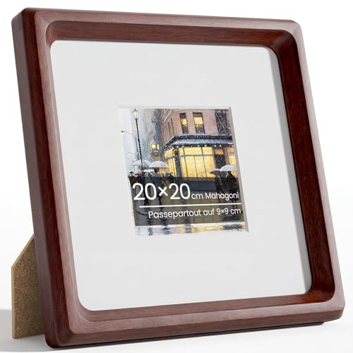 Feihorrm Bilderrahmen 20x20cm, Natürliches Mahagoni Fotorahmen mit Glas | Handgefertigte 20x20 Quadratisch Holzrahmen oder 9x9 cm-Fotos mit Passepartout, Wand oder Tisch für Collagen, Wanddekoration