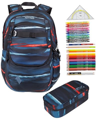 NITRO Schulrucksack 3 Teile Set Future Hero Acid Dawn 0001 rmv | Jungen Mädchen Schultasche Schulmappe Schulrucksackset mit 31tlg. Stifte Füllung
