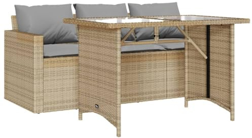 PUGYNBK Set da pranzo da giardino con tappezzeria, beige, in polyrattan, tavolo da pranzo con piano in vetro, telaio in acciaio verniciato a polvere, rivestimento lavabile, max. 110 kg per posto