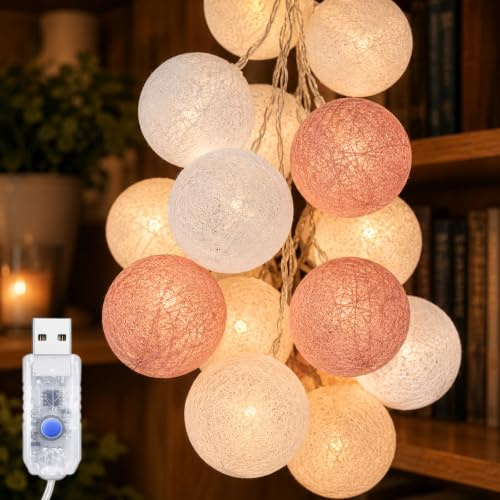 ALEGRE® USB Lichterkette Baumwollkugeln mit Timer,3M 20 LED Kugeln Lichterkette mit Stecker,Cotton Ball Lichterketten Innen, Roségold Globe Lichterketten für Kinderzimmer, Hochzeit, Weihnachten Deko