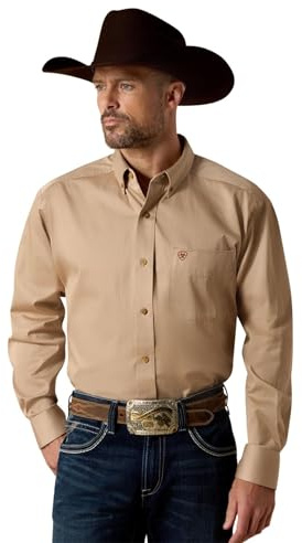 Ariat Solid Twill Classic Fit Shirt-Men's Long Sleeve Western Button-Down, Khaki, Large
