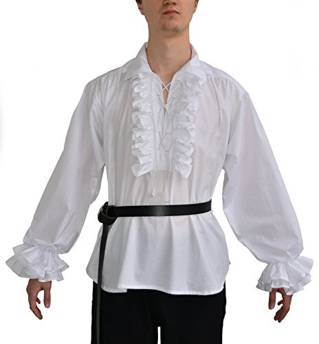HEMAD - Chemise Gothique À Volants - LARP - Noir Blanc pour Hommes - Fronces, Col, Lacets Avant, Blanc, XXL