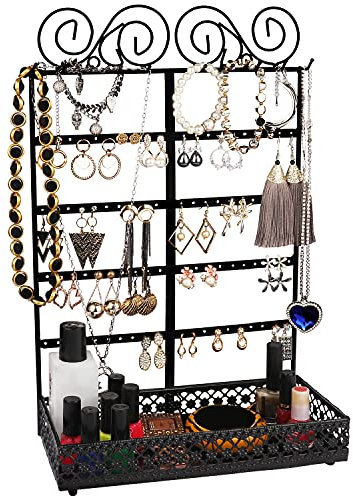 BELLE VOUS Schmuck Ständer Schwarz Metall Schmuck Aufbewahrungssystem mit Fachboden 5 Reihen, 80 Löcher & 10 Haken - Wand&Tisch Halter für Ohrringe, Ketten Aufbewahrung, Armbänder, Ringe&Kosmetik