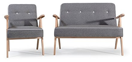 Sofaset mit Holz Sofa mit Sessel Couch Sofagarnitur Polstermöbel Polstersofa 2er 2-Sitzer Garten Terrasse Balkon Retro (Dunkelgrau)