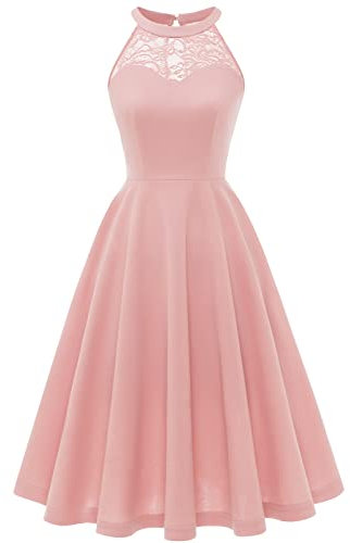 Bbonlinedress Robe de Soirée Cocktail Femme Halter Vintage pour Mariage Fête Bal Anniversaire Resto Evènement Sortie A Ligne Longueur au Genou Blush XL
