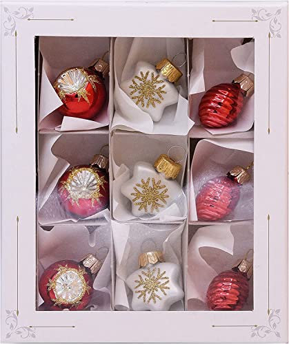 VITBIS Glaskugeln für Weihnachtsbaumschmuck Set mit 9 Kleinen Einzigartigen Kugeln Verschiedene Formen Ø 3,5 cm in Weiß und Rot Handdekoriert Handbemalt Unique Weihnachtsdekoration