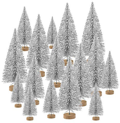 KUUQA 48 Stücke Mini Weihnachtsbäume Flasche Pinsel Bäume Tabletop Modell Bäume für Weihnachtsdekoration DIY Room Decor Diorama Modelle (glänzendes Silber,5 Verschiedene Größen)
