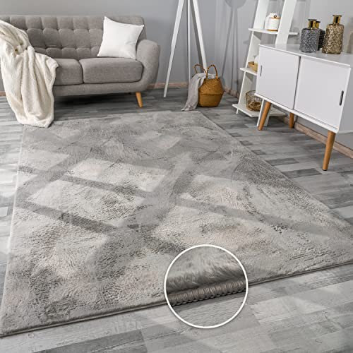 Paco Home Teppich Wohnzimmer Kunstfell weich waschbar modern elegant pflegeleicht Felloptik Uni Seidenglanz flauschig Kurzflor, Grösse:80x150 cm, Farbe:Grau