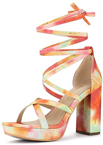 Allegra K Sandalias con Cordones Arriba Tacón Ancho Plataforma Colorida para Mujer Naranja 38