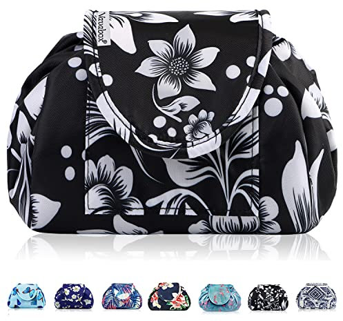 Lazy Kosmetikbeutel mit Kordelzug Portable Große Kosmetiktasche Reisetasche Make up Beutel Aufbewahrung Organisator für Damen Mädchen (Schwarz Floral)