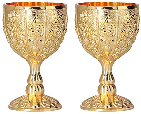 Verres à vin en or, 30 ml Coupe calice avec des motifs 3D exquis Petite tasse à liqueur créative rétro Style Européen Or Tasses en métal avec 2PCS pour Voyager Randonnée Camping(Or citrouille)
