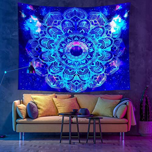 Lsimeru Leuchtend Wandteppich Mandala Blau UV Licht 150x230 Wandtuch Wandbehang Psychedelic Schwarzlicht Galaxy Universum Wanddeko Wandtücher für Schlafzimmer Wohnzimmer Office