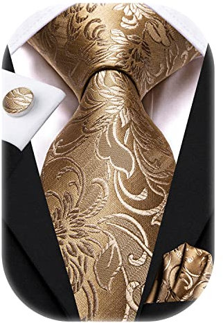 Hi-Tie Herren Krawatte Schwarz Paisley/Plaid/Streifen/Einfarbig Krawatten Set Einstecktuch Manschettenknöpfe Business Formal Hochzeit Meeting Geschenkbox,Khaki