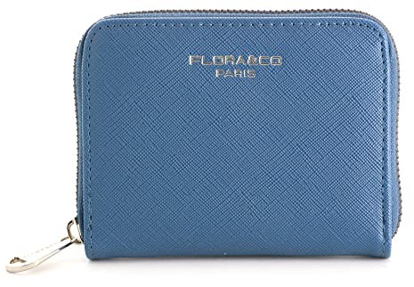 flora & co - Portefeuille Femme Petit Format - Porte-Monnaie Carte Tout-en-Un Court - Similicuir Grainé Zippé - Chic Pratique Léger - Bleu Jean