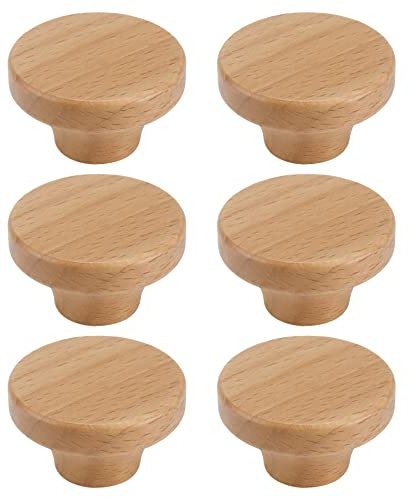 Tighall 6 runde Schubladengriffe aus Holz, 4 cm, 1 Loch, dekorative Möbelknöpfe für Kommoden, Kleiderschränke (Buche)