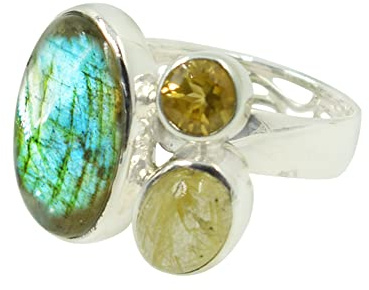 Statement-Ring aus 925er Sterlingsilber mit natürlichem Labradorit, goldener Rutil, Citrin, FSJ-4036A