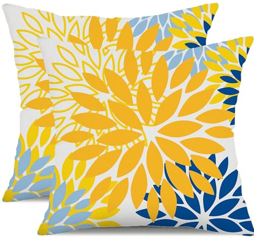 Kissenbezüge, 45.7x45.7 cm, Gelb, Blau, Dahlie, Blumenmuster, 2 Stück, weiß, grau, für den Außenbereich, wasserdichte Dekoration für Wohnzimmer, Sofa, Terrasse, Garten, Leinen-Kissenbezug