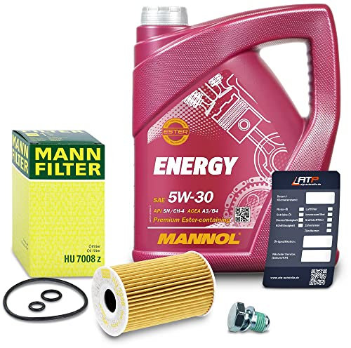 BESTPRICE Inspektionspaket Filterset mit 1x MANN-FILTER Ölfilter; 1x Motoröl 5W-30 5 Liter, 1x Ölablassschraube mit Dichtring, 1x Ölwechselanhänger
