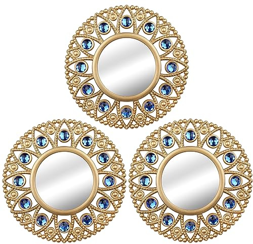 DXYAKY Goldene runde Wandspiegel, 3er-Set, kunstvolle dekorative Spiegel mit blauen Kristallakzenten, 24,9 cm, Vintage-Boho-Wanddekoration für Wohnzimmer, Schlafzimmer, Eingangsbereich