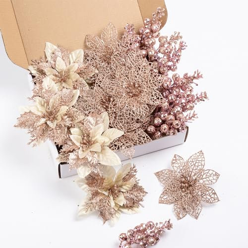 Kit di 26 fiori artificiali a forma di stella di Natale e bacche glitterate, 16 ornamenti per albero di Natale e 8 plettri per albero di Natale, 2 nastri, per decorazioni per feste di nozze, oro rosa