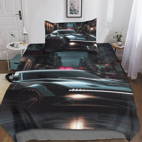 LOUSON Bettwäsche Racing Car 3D Bedding Set Bettwäsche 135x200 Kinder 2teilig Mit Kissenbezug Mikrofaser Room Decor Jugendliche Mit Reißverschluss Für Allergiker