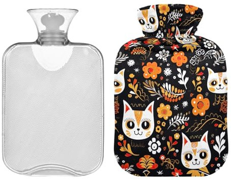 Hot Water Bottle with Cute Cover Cute Cat Flowers Transparent Hot Water Bags Portable Hot Water Bottles for Pain Relief Hand Feet Warmers 1 Liter